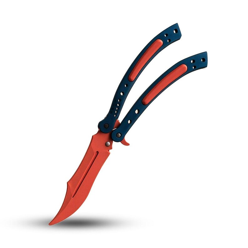 May include: A butterfly knife with a red blade and orange and blue handle. The handle has a curved design with a series of holes and orange accents. The blade has a curved edge and a pointed tip. The knife is shown against a white background.