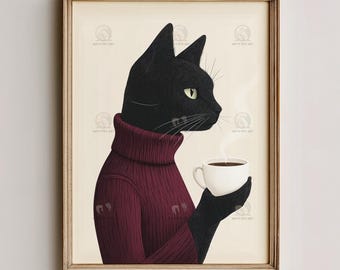 Stampa artistica di un gatto nero su carta da caffè – Accogliente ritratto di animale domestico (download digitale)