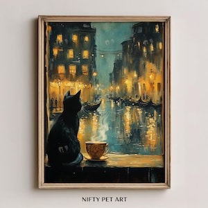 Peut inclure: Une impression d'art encadrée représente un chat noir regardant un paysage urbain nocturne avec un canal. Une tasse à thé fumante est posée sur un rebord. Les bâtiments ont des fenêtres éclairées, et la scène est peinte dans des tons chauds. Le texte "NIFTY PET ART" est en bas.