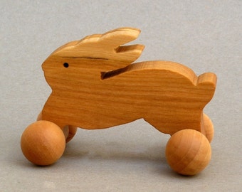 Rabbit Toy on Wheels  Wooden Block Animal for Children  Woodland Party Favor for Kids Wooden Toy Waldorf Montessori Play Bunny Toys for Boys