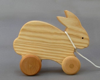 Rabbit Pull Toy Hopping Bunny Wooden Animal on Wheels Gift for Toddlers boys Girls Holiday Stockings