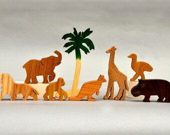 Zoo Animal Play Set Wooden Blocks Toys for Kids, Boys Girls  Waldorf Childrens Toy Organic Gifts Giraffe Elephant Lion Monkey Kangaroo Hippo