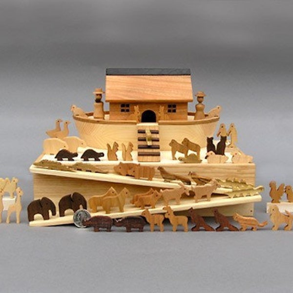 Miniature Noah's Ark with  60 Animals, Wooden Noahs Ark Noah Ark wood Toy Waldorf Nontoxic Noah Ark Animals Wooden Noahs Arc Montessori Gift