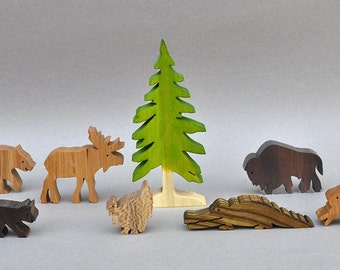 Wilderness Animal Play Set, Wooden Toy Blocks, Moose, Bear Waldorf Wood Toys Party Favors for Boys and Girls, Organic Woodland Toys Nontoxic