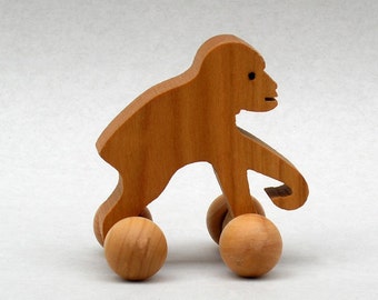 Monkey on Wheels Chimpanzee Animal Toy for Kids Party Favor in Wood for Boys and Girl, Gorilla, Monkey Play, Woods Waldorf Zoo Animals Tods