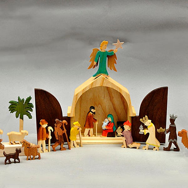 The Christmas Story Unique Nativity Set Wooden Nativity Scene Wood Creche Manger Barn Waldorf Holiday Christmas Gift Made in America Folkart