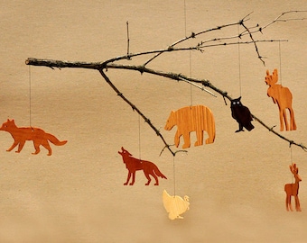 7 Wooden Animal Ornaments Mobiles Woodland Tags Moose Bear Deer Fox Wolf Turkey Owl Christmas Tree Decoration Wilderness Cutouts Crafts