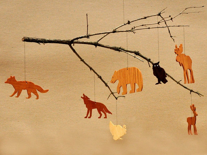 7 Wooden Animal Ornaments Mobiles Woodland Tags Moose Bear - Etsy