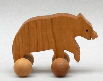 Bear Toy on Wheels Wooden Block Animals for Children Woodland Party Favor for Kids Wilderness Animal for Boys Girls Birthday Present Grizzly