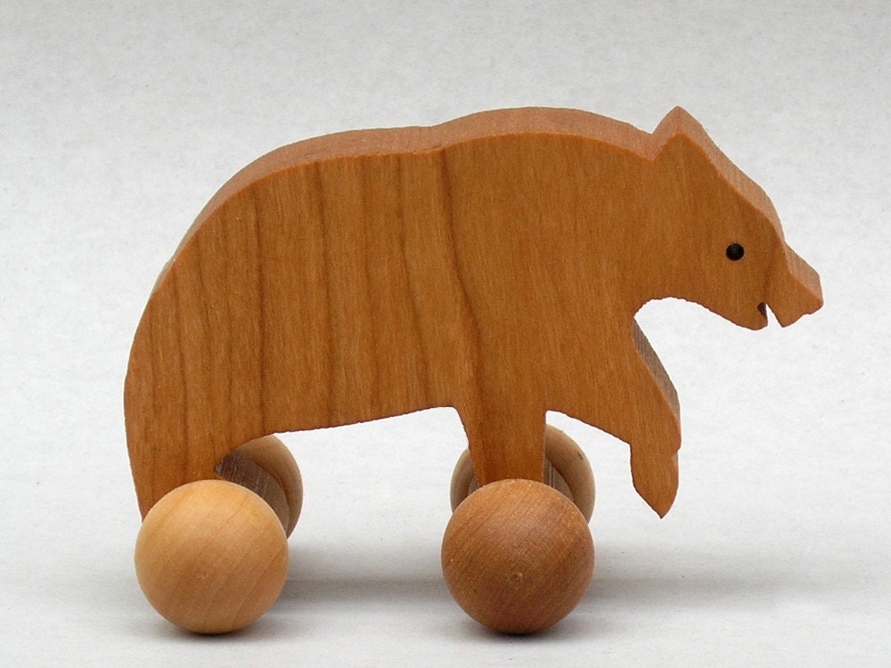 Bear Toy on Wheels Wooden Block Animals for Children Woodland
