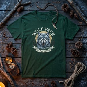 Peut inclure: T-shirt vert foncé avec un motif de loup. Le texte "WOLF PACK" est au-dessus d'une illustration détaillée de loup, et "THE PACK SURVIVES" en dessous. Le loup a une expression intense.