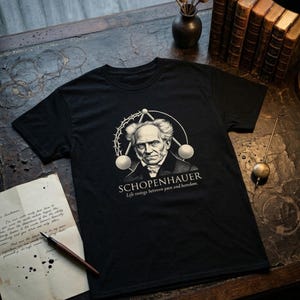May include: Black t-shirt featuring a portrait of Arthur Schopenhauer with the text "SCHOPENHAUER Life swings between pain and boredom." The design includes geometric shapes and a laurel wreath. A vintage aesthetic.