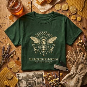 May include: A dark green t-shirt with a gold bee design and the text "THE BEEKEEPER'S FORTUNE". The image includes honey, coins, a Ledger wallet, and beekeeping gloves, all arranged on a wooden surface.