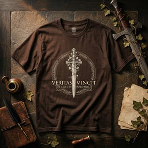 May include: A brown short-sleeved t-shirt featuring a central graphic of a sword entwined with ivy inside a circular frame. The text "VERITAS VINCIT" and "Truth is the sharpest blade" are printed in white below the sword illustration.