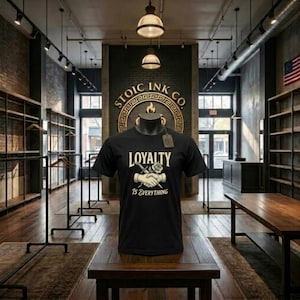 Puede incluir: Una camiseta negra con la frase "LOYALTY IS EVERYTHING" en blanco, con un diseño de manos entrelazadas, una rosa y una espada. La camiseta se exhibe en un maniquí en una tienda, con el logotipo "STOIC INK CO." visible en el fondo.