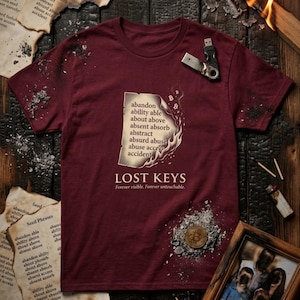 Op de afbeelding: Bordeauxrood T-shirt met de tekst "LOST KEYS" en een lijst met woorden. Een USB-stick en een Bitcoin-munt liggen op het shirt. Het shirt ligt op een verkoolde houten ondergrond met verbrand papier en een fotolijst.