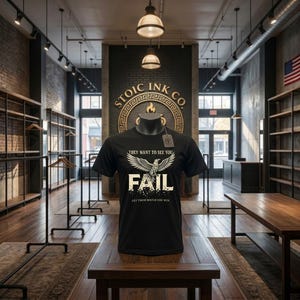 Può includere: T-shirt nera con un'aquila bianca e la parola "FAIL". Il testo "THEY WANT TO SEE YOU" e "LET THEM WATCH YOU WIN" sono stampati. La t-shirt è esposta su un manichino in un negozio.