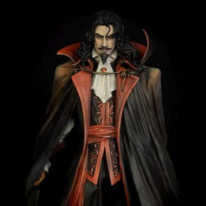 May include: A detailed figurine of a man with long black hair, a mustache, and a goatee, dressed in a black and red outfit with a long cape. The figure has a stern expression and is set against a dark background.