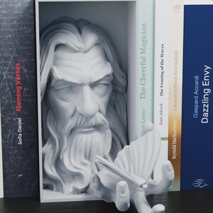 Può includere: Una libreria bianca con un busto scolpito di un uomo barbuto che tiene una farfalla stilizzata. Il busto è posizionato tra diversi libri con titoli come "Flaming Verses" e "Dazzling Envy". La scultura aggiunge un elemento decorativo unico.