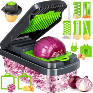 May include: A multi-functional vegetable chopper with a gray and green design. It features a clear container filled with diced red onions, a large red onion, and various interchangeable blades for different cuts. Includes a potato peeler.