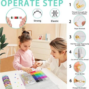 May include: A mother and child are shown making jewelry with colorful beads. The image includes a step-by-step guide on how to thread the beads and close the binder. The beads are arranged in a clear plastic container with multiple compartments.