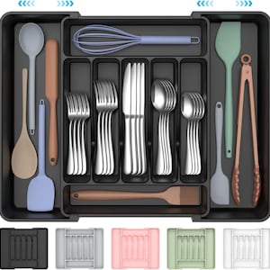 May include: A black kitchen utensil organizer filled with various cooking tools and silverware. The organizer includes spoons, spatulas, whisks, forks, knives, and serving spoons. Additional color options are shown below the organizer.