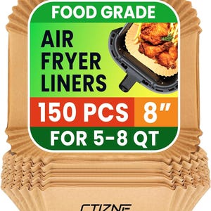 May include: A stack of brown air fryer liners. The packaging includes a green and white label that reads "FOOD GRADE AIR FRYER LINERS 150 PCS 8" FOR 5-8 QT". The liners are designed to fit air fryers.