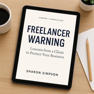 May include: A black tablet displays the title "FREELANCER WARNING" in navy blue, with the subtitle "Lessons from a Client to Protect Your Business." The author's name, Sharon Simpson, is below. A cup of coffee, a pencil, and a small plant are also visible.
