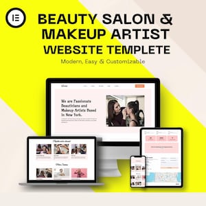 Peut inclure: Une maquette de site web pour un salon de beauté et un maquilleur, affichée sur un ordinateur portable, un moniteur de bureau, une tablette et un smartphone. Le design est moderne et facile à personnaliser, avec le texte "BEAUTY SALON & MAKEUP ARTIST WEBSITE TEMPLETE".