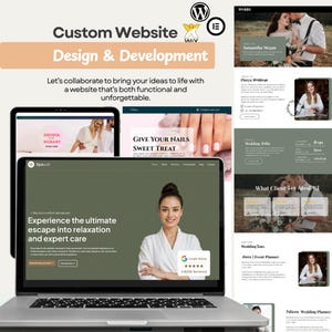Könnte beinhalten: Ein Laptop zeigt Beispiele für Website-Designs mit dem Text "Custom Website Design & Development". Das Bild enthält ein Tablet und ein Telefon, die Website-Layouts anzeigen, darunter ein Spa und Hochzeitsplaner-Websites.