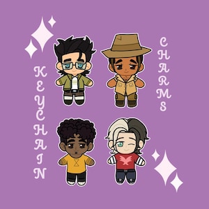 May include: A purple background features four cartoon character keychain charms. The charms are in various outfits, including a safari outfit and a red shirt with a bird graphic. The text "KEYCHAIN CHARMS" is written in a decorative font.