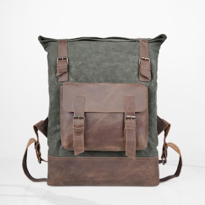 Waxed Canvas & Leather Roll Top Backpack: Olive Green Travel Rucksack