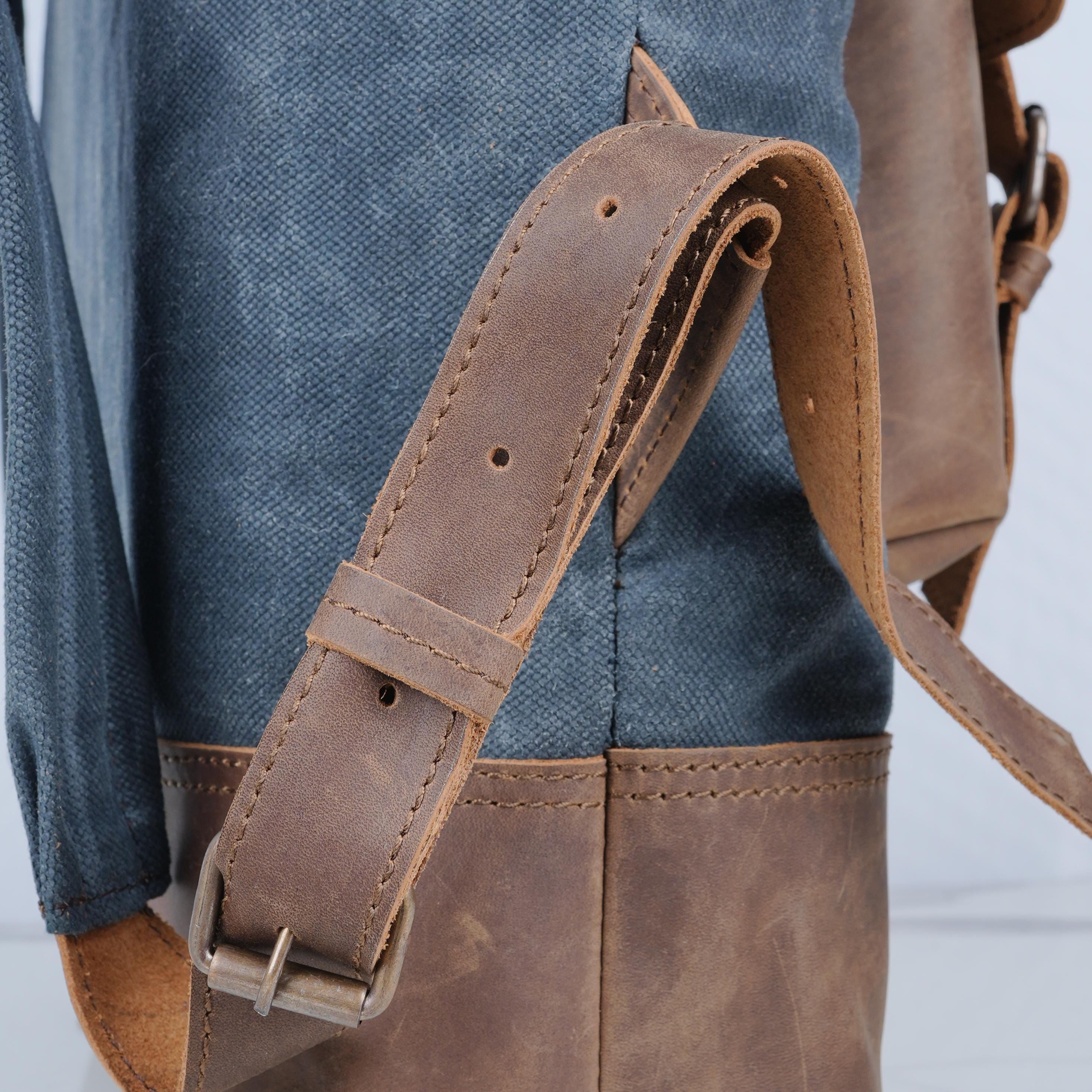 Waxed Canvas & Leather Roll Top Backpack: Navy Blue Travel 
