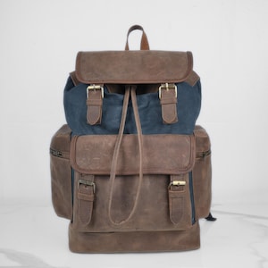 Waxed Canvas & Leather Roll Top Backpack: Navy Blue Travel Rucksack