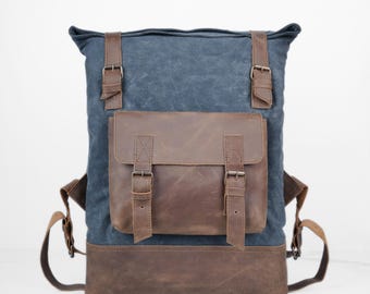 Waxed Canvas & Leather Roll Top Backpack: Navy Blue Travel Rucksack, Shoulder Bag, Laptop Bag.