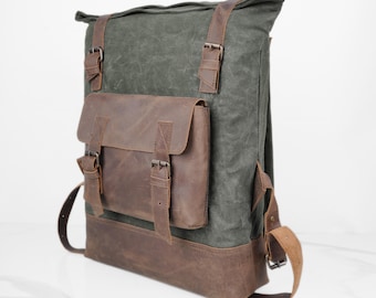 Mochila de lona encerada y cuero con cierre enrollable: mochila de viaje verde oliva