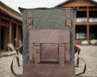 Mochila enrollable de lona encerada y cuero: bolsa de senderismo verde oliva