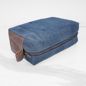 Waxed Canvas & Leather Dopp Kit: Navy Blue Travel Toiletry Bag