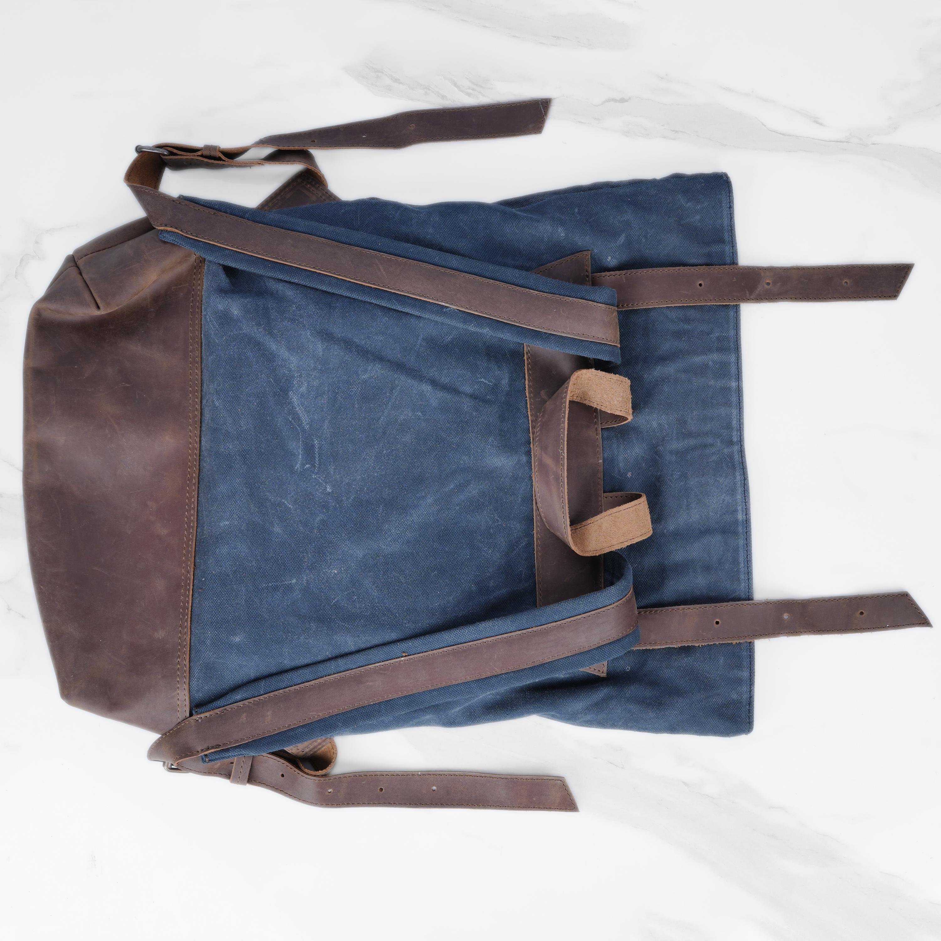Waxed Canvas & Leather Roll Top Backpack: Navy Blue Travel  display picture 3