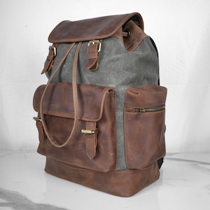 Vintage Waxed Canvas Backpack | Genuine Leather Trim | Men’s Rucksack for Work, Travel, or Hiking | Handmade Quality