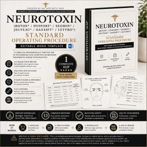 Op de afbeelding: Een bewerkbaar standaardwerkinstructie-sjabloon in zwart-wit voor neurotoxinebehandelingen. Het document bevat een omslag voor een ordner, een reconstitutietabel en een injectiekaart met anatomische diagrammen voor medische professionals.