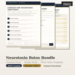 May include: A digital download bundle of medical forms for neurotoxin injections, including a consent form, intake form, and chart note template. The forms are in a neutral color scheme with the text "Neurotoxin Botox Bundle" at the bottom.