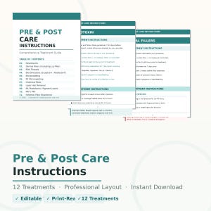 May include: A teal and white document titled "Pre & Post Care Instructions" with a table of contents listing 12 treatments. The document includes treatment instructions for various procedures. The bottom of the document states "12 Treatments, Professional Layout, Instant Download."