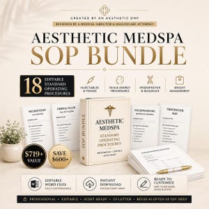 Op de afbeelding: Een Aesthetic Medspa SOP-bundel met 18 bewerkbare standaardwerkprocedures. De set bevat een centrale map, meerdere documentpagina's en iconen voor injectables, huidprocedures, biologische middelen en gewichtsbeheersing.