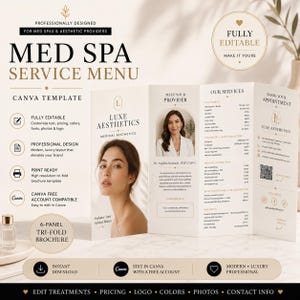 May include: A six-panel tri-fold brochure template for med spas and aesthetic providers. The beige and white layout features the text Luxe Aesthetics, a portrait of a provider, a service menu with pricing, and a QR code for booking appointments.