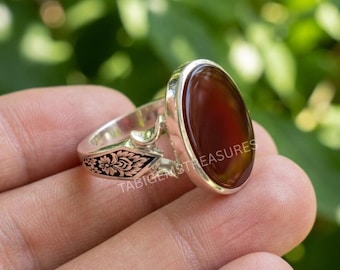 Yemeni Aqeeq Red Agate Ring: 925 Sterling Silver, Handcrafted Statement Jewelry
