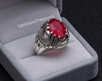 Handgemachter Ring mit Roten Rubin Edelstein Herren Vintage Statement Ring Sterlingsilber 925