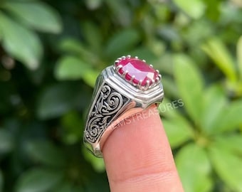 Handmade Ruby Ring for Men: Sterling Silver Vintage Carved Yaqoot Jewelry