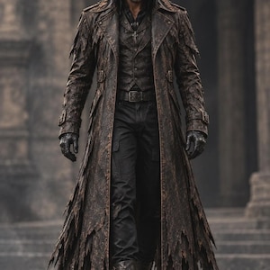 Op de afbeelding: Een donkerbruine trenchcoat van verweerd leer met een rafelige, gekartelde zoom, gedragen over een bijpassend vest en een zwarte broek. De outfit bevat een bruine hoed met brede rand, zwarte leren handschoenen en donkere laarzen.