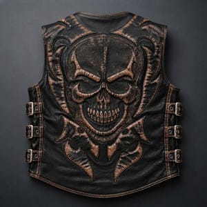 Könnte beinhalten: Eine schwarze Lederweste mit einem großen, geprägten Totenkopf-Design auf der Rückseite mit abgenutzten braunen Akzenten. Die Seiten der Weste verfügen über drei verstellbare Metallschnallen auf jeder Seite, die für einen sicheren Sitz sorgen.